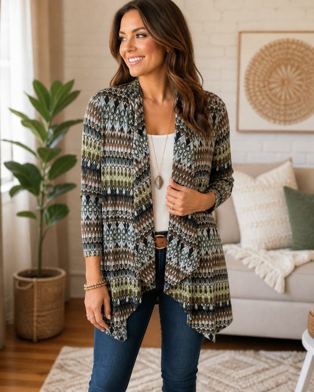 Susan Graver Boho Waterfall Cardigan L Geometric Open Front Stretch